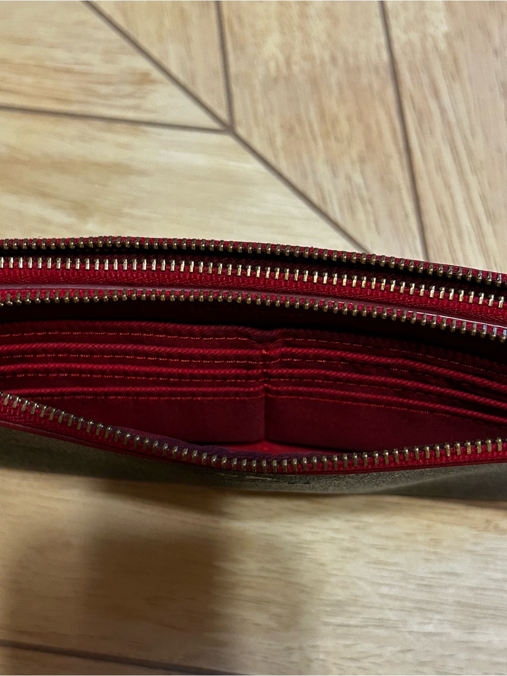 Coach Signature Brown Monogram Double Zip Wallet Red Trim - Picture 7 of 11